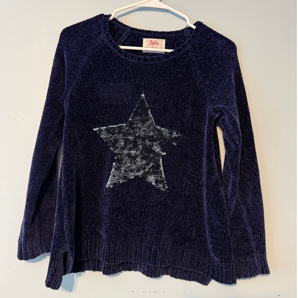 Justice Girls 14/16 Navy Blue Chenille Sequin Star Sweater Pullover 1994